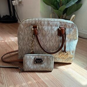 Michael Kors Monogram Satchel Bag in Beige with Brown Trim with wallet